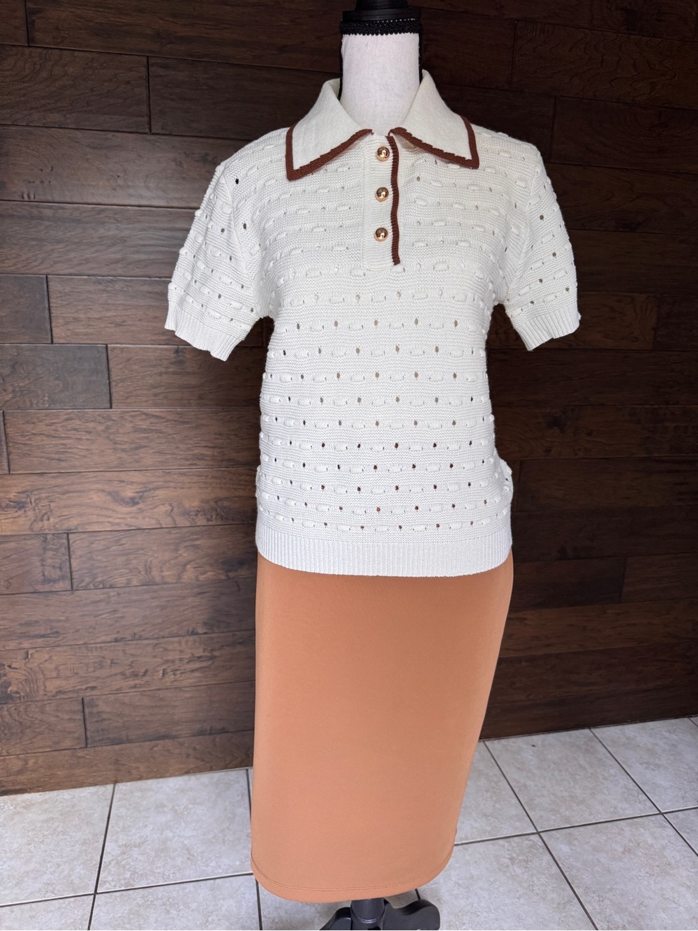 Cream Knit Polo Sweater with Brown Trim